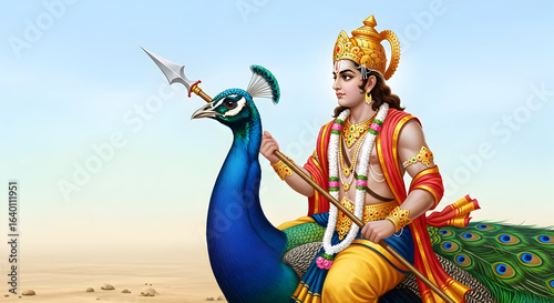 The hindu god Lord Murugan riding his peacock vahana