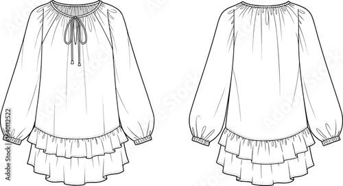 Women’s layered ruffle hem blouse with gathered neckline CAD drawing, long sleeve loose fit shirt vector fashion flat template