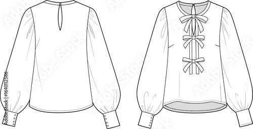Women’s long sleeve blouse with multiple front bow ties CAD drawing, fashion flat vector illustration, shirt design template