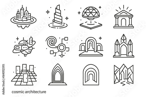 Maze mirror doors frame light cosmic icon spiral icons tower architecture planet