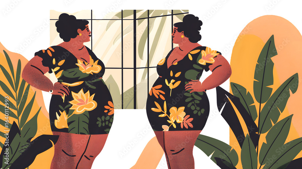 Fototapeta premium Empowering Plus Size Women Positively Reflecting in Front of Mirror