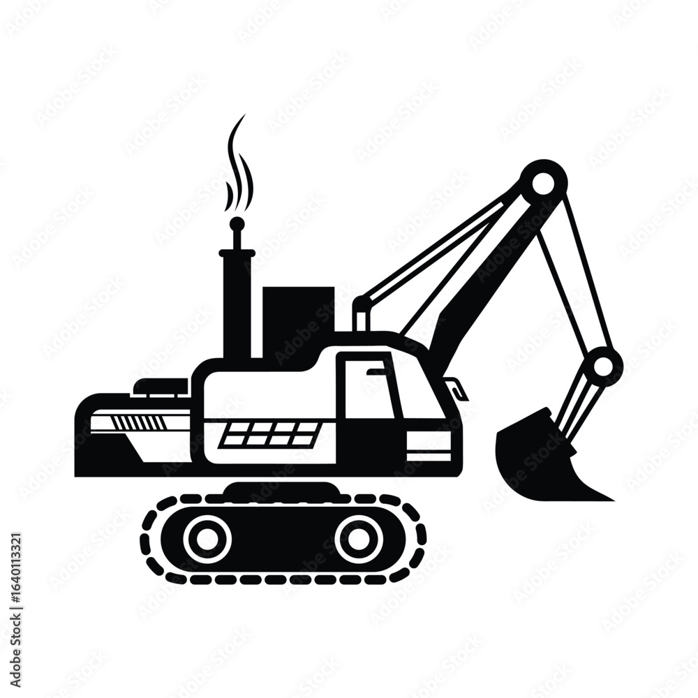 Naklejka premium Excavator Silhouette Vector Illustration, Heavy Construction Digger Silhouette Vector, Industrial Digger Excavator Silhouette Icon