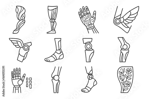Piece prosthetic cyber hand icons stylized futuristic vector unit icon joint foot
