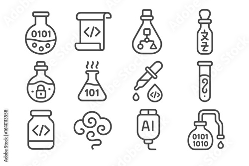 Icon ampoule potion distillation pipe glowing tag vector elixir icons dripping code