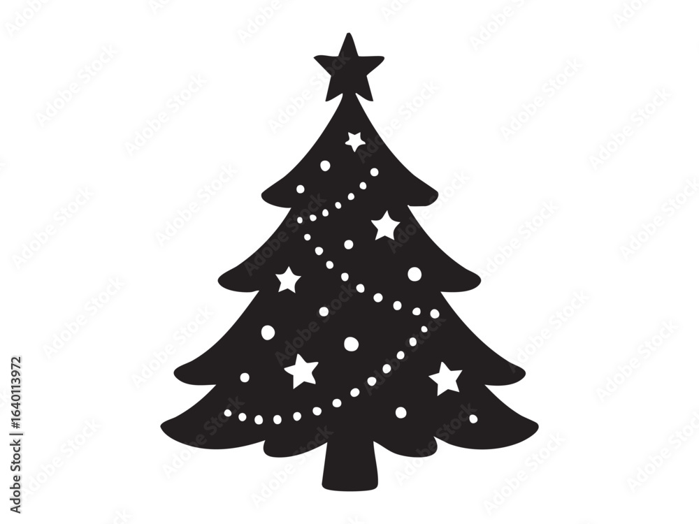 Fototapeta premium Black silhouette of christmas tree adorned with star and ornaments, isolated on white background. concept of holiday decor, festive season, winter celebration, icon, design element