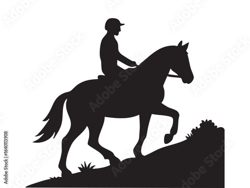 Silhouette of person riding horse on slope, isolated on white background. concept of equestrian sport, horseback riding, horse and rider, outdoor activity, icon, logo