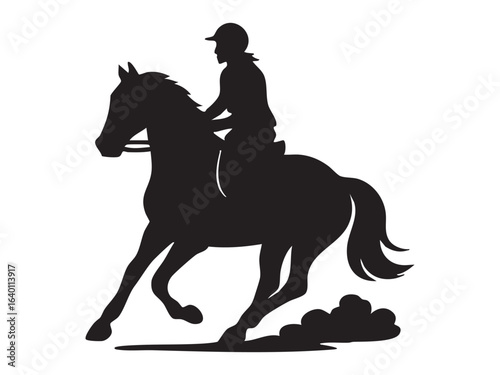 Black silhouette of horse and rider, isolated on white background. concept of equestrian sport, horseback riding, horseman, animal, active lifestyle, icon, logo, design element