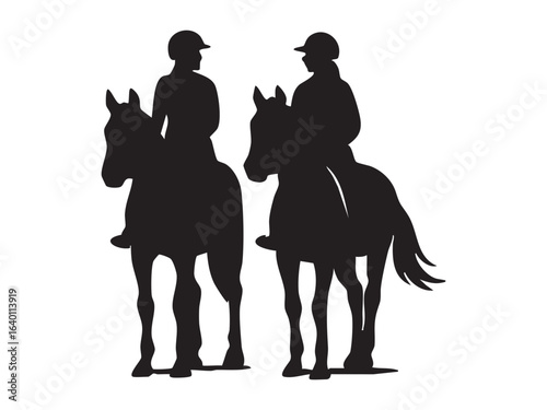 Black silhouette of two horse riders on horses, isolated on white background. concept of equestrian activity, horseback riding, silhouette, outdoor sport, icon, design element