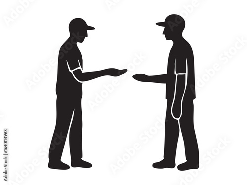 Black silhouette of two men in caps standing face to face with outstretched hands isolated on white background. Concept of conversation, asking, offering, social interaction, agreement
