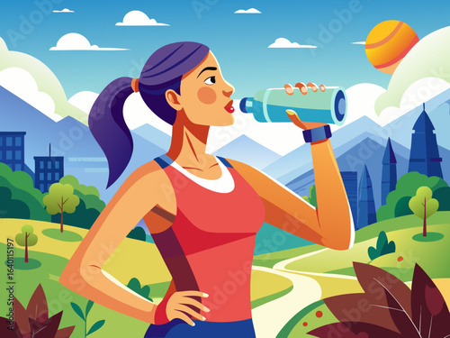 vector of Sportswoman drinking water from a bottle after fitness training outdoors...