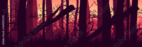 Cinematic thriller background for an intense Halloween event. Ominous red dawn over a dead forest for a survival theme.