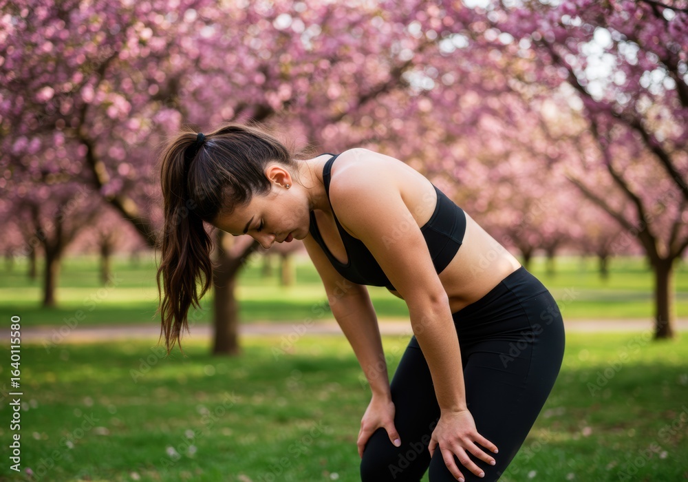 Exhausted woman taking a break after a run in a park with blooming cherry trees Exhausted woman taking a break after a run in a park with blooming cherry trees