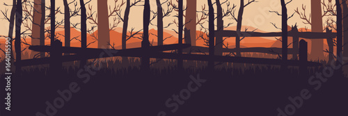 Folk horror theme for a modern Halloween festival. Eerie  abandoned farm landscape for an atmospheric event concept.
