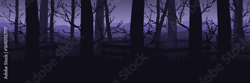 Haunted forest background for Halloween sale banner. Spooky purple night woods vector for event promotion or advertisement.