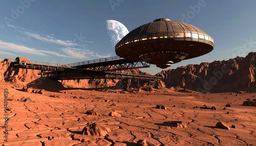 Alien spacecraft over a desert planet