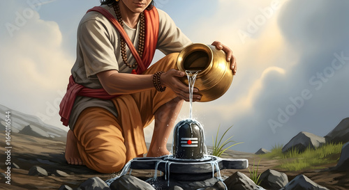 A devotee performing an abhishekam ritual on a Shiva Lingam