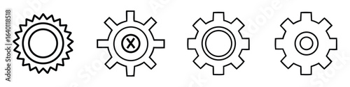 Four black outline gear icons with different internal designs on white cogwheel mechanical