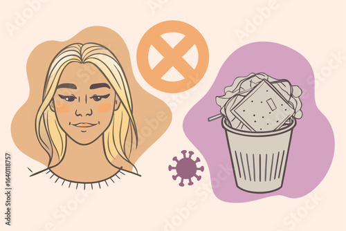 Vector art of woman with a neutral expression next to a trash can and a virus icon