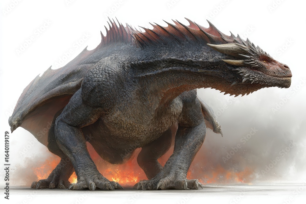 Obraz premium Dragon head emerges from fire and smoke on white background, fantasy creature