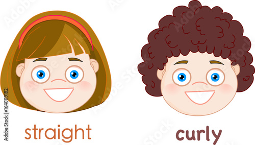 Straight, curly hair. Opposite english words. Texture Wavy, strait hairstyle. Brunette and blonde smiling girl face. Vector illustration