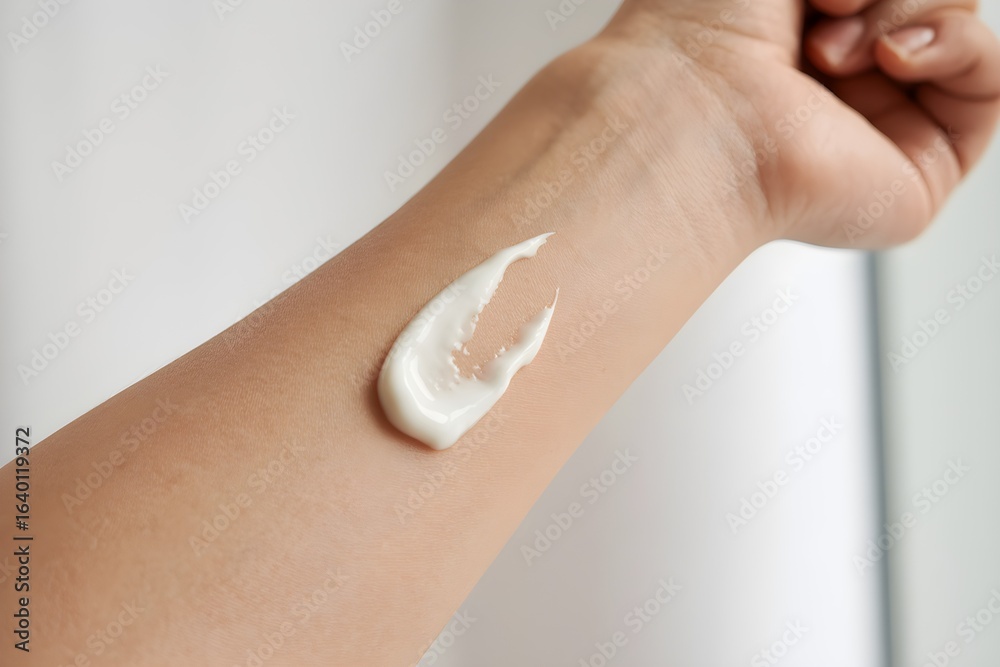 Close up of white cream smear on inner forearm soft natural light skincare product testing concept Close up of white cream smear on inner forearm soft natural light skincare product testing concept
