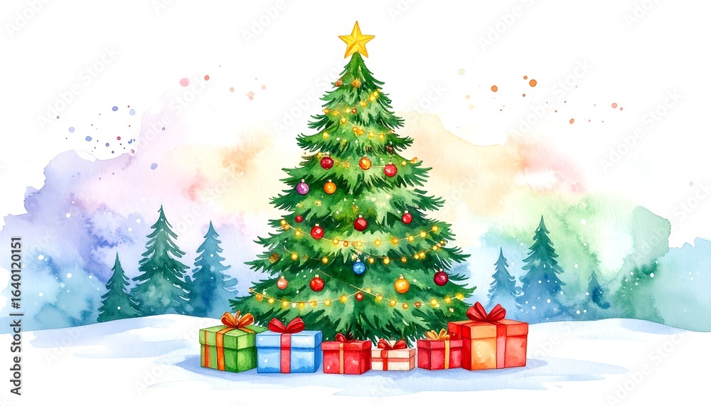 Fototapeta premium Watercolor christmas tree scene with presents.