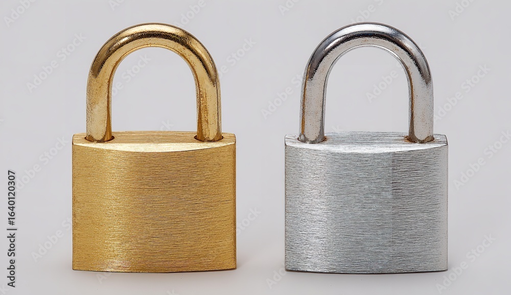 Naklejka premium Gold and Silver Padlocks Side by Side on White Background with Reflective Metal Surfaces