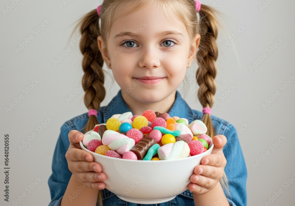A smiling little girl happily holds a bowl of colorful candy, enjoying a sweet treat. A smiling little girl happily holds a bowl of colorful candy, enjoying a sweet treat.