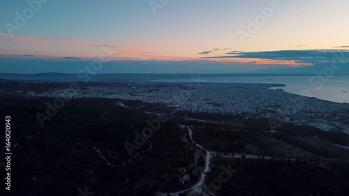 Aerial landscape of Thessaloniki city from above at sunset winter in Greece