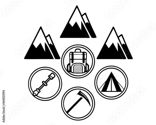 Mountain Hiking and Outdoor Adventure Icons Set