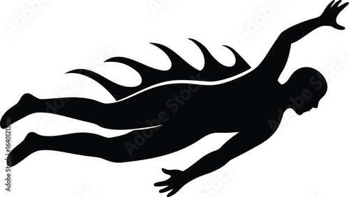 Silhouette of a man swimming with dorsal fin fins on his back and arms outstretched