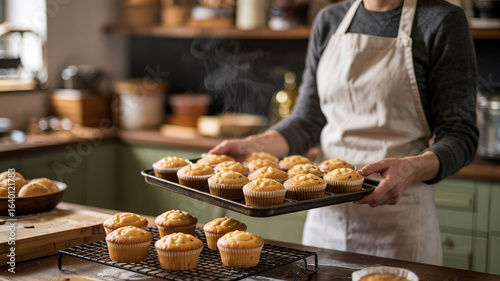 The baker sets a tray of fresh muffins to cool