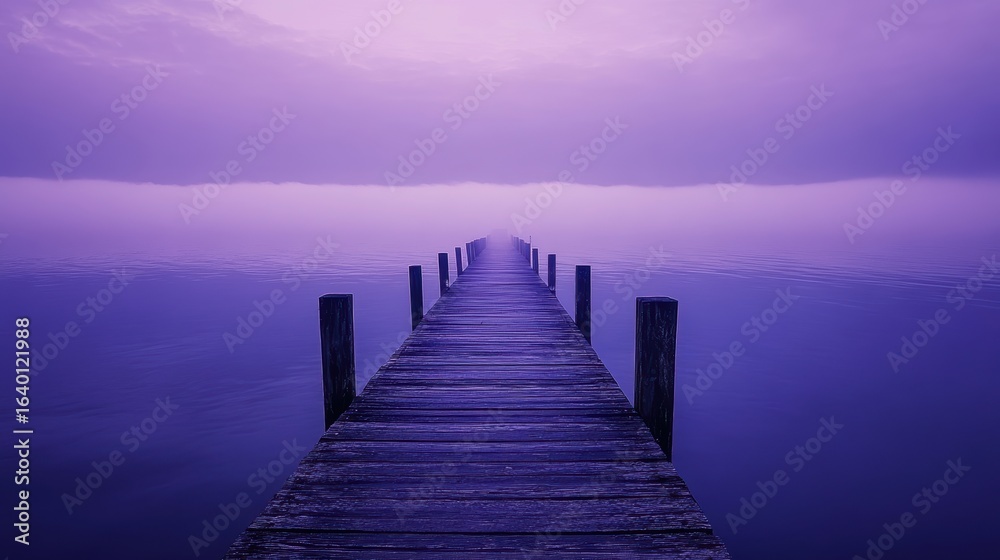 Obraz premium A serene wooden pier stretches into a misty, purple-hued lake, creating a tranquil and dreamlike atmosphere.