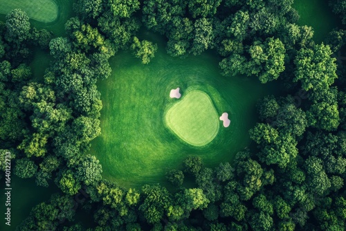 Aerial view of a lush golf course hole surrounded by dense green trees