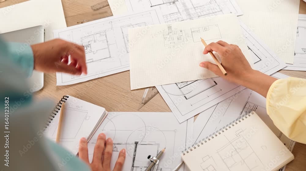 Professional engineer team discussion about house design on meeting table with architectural equipment and building blueprint scatter around at modern office. Focus on hand. Closeup. Delineation. Professional engineer team discussion about house design on meeting table with architectural equipment and building blueprint scatter around at modern office. Focus on hand. Closeup. Delineation.