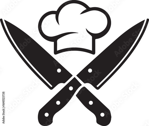 culinary emblem with chef hat and crossed knives for restaurant branding, kitchen signage, food industry promotions