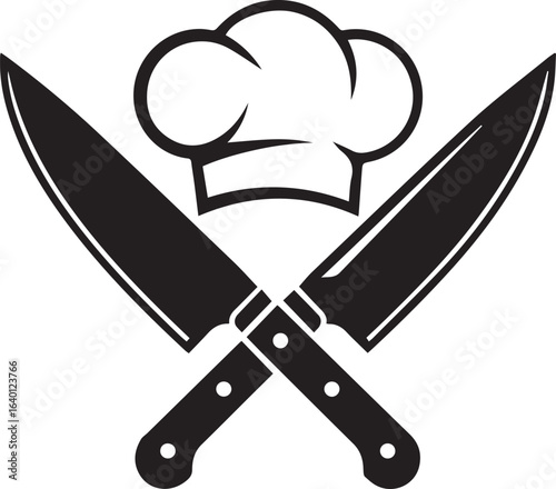 chef hat above crossed knives icon for cooking blog logo, recipe app, gourmet branding, kitchen vector illustration