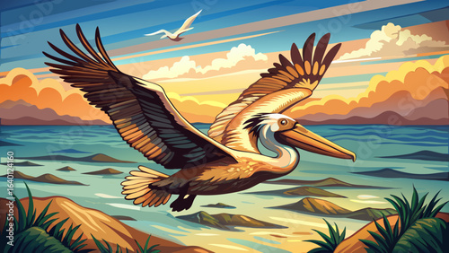 A brown pelican (Pelecanus occidentalis) in flight at Moss Landing, California, graceful wings outstretched, gliding above shimmering water, coastal breeze, serene horizon, natural elegance, wild beau