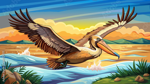 A brown pelican (Pelecanus occidentalis) in flight at Moss Landing, California, graceful wings outstretched, gliding above shimmering water, coastal breeze, serene horizon, natural elegance, wild beau