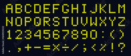Yellow Digital Dotted Font Letters, Electronic Alphabet, retro text symbols, monitor characters, and scoreboard digits. Vector EPS 10