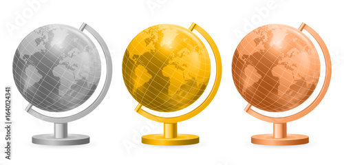 World globe on stand. Map of continents and oceans. Gold silver and bronze globus. Vector illustration