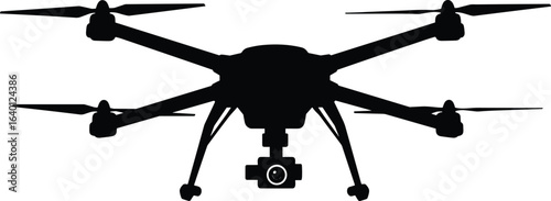 Drone silhouette illustration, six-propeller aerial vehicle, mounted camera detail, vector graphic for technology, surveillance, photography, videography, inspection, and aviation themes
