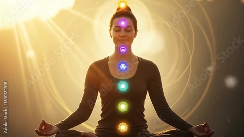 Meditating Woman with Chakra Symbols in Golden Light, Yoga and Wellness