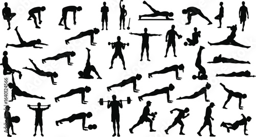 Fitness workout silhouette set, diverse exercise poses, weightlifting, push-ups, lunges, planks, bodyweight training, vector illustration for gym, health, and wellness themes