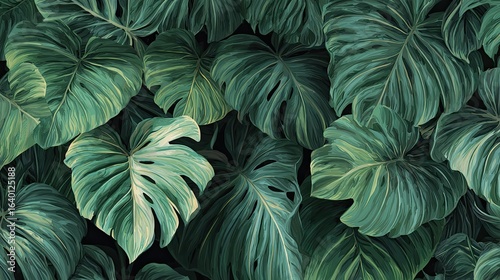 Wallpaper Mural Lush, vibrant monstera leaves create a stunning tropical jungle backdrop, perfect for exotic, natural, and botanical design projects seeking a fresh, organic feel. Torontodigital.ca