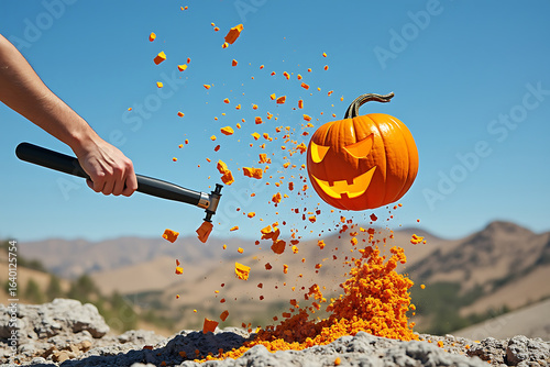 Halloween Pumpkin Exploding with Hammer in Desert Landscape for Halloween Season Decoration Concept and Celebration