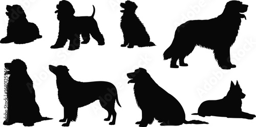 Dog silhouette illustration set, eight black dog poses, various breeds, pet vector art, animal design, perfect for decor, education, branding, and veterinary themes