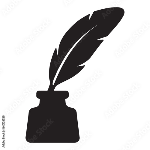 Classic Writing Feather and Ink Pot Vector Silhouette