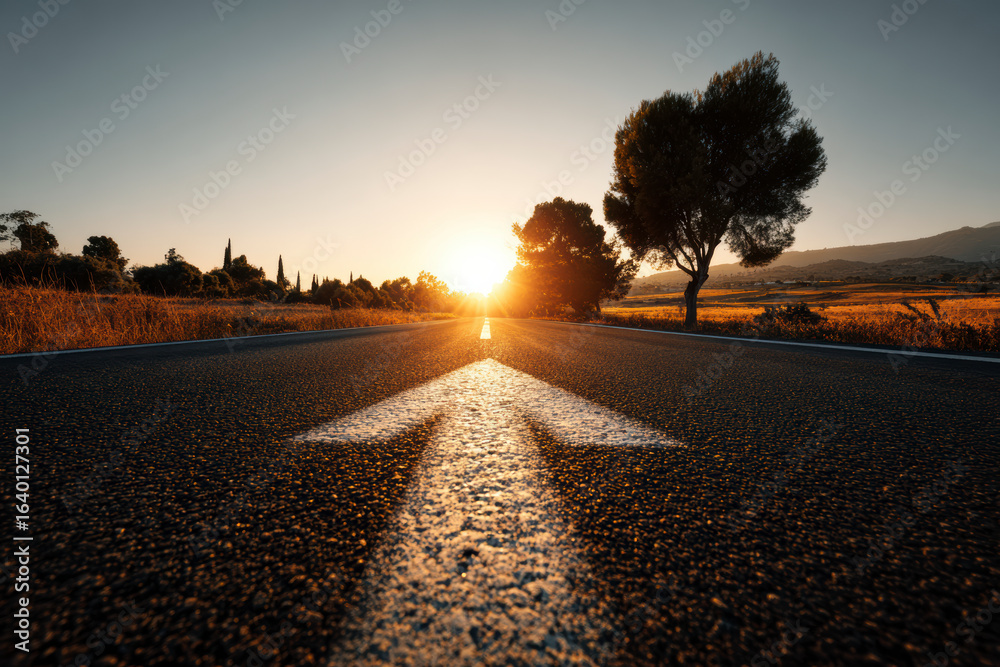 Obraz premium Road to the horizon: An arrow guides onward, towards the bright future sunset on the open road. Travel.