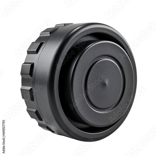 Black tire valve cap, product photography, detail, isolated